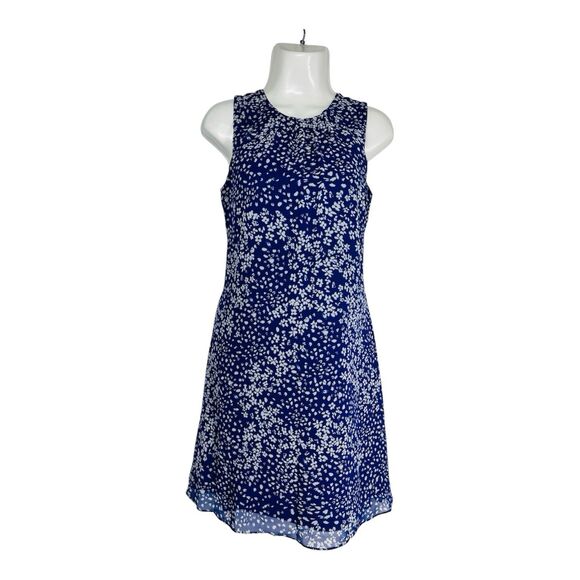 Dkny Dresses & Skirts - DKNY Blue Floral Sleeveless Mini Shift Dress Size 2 Pleated Neck Summer Party